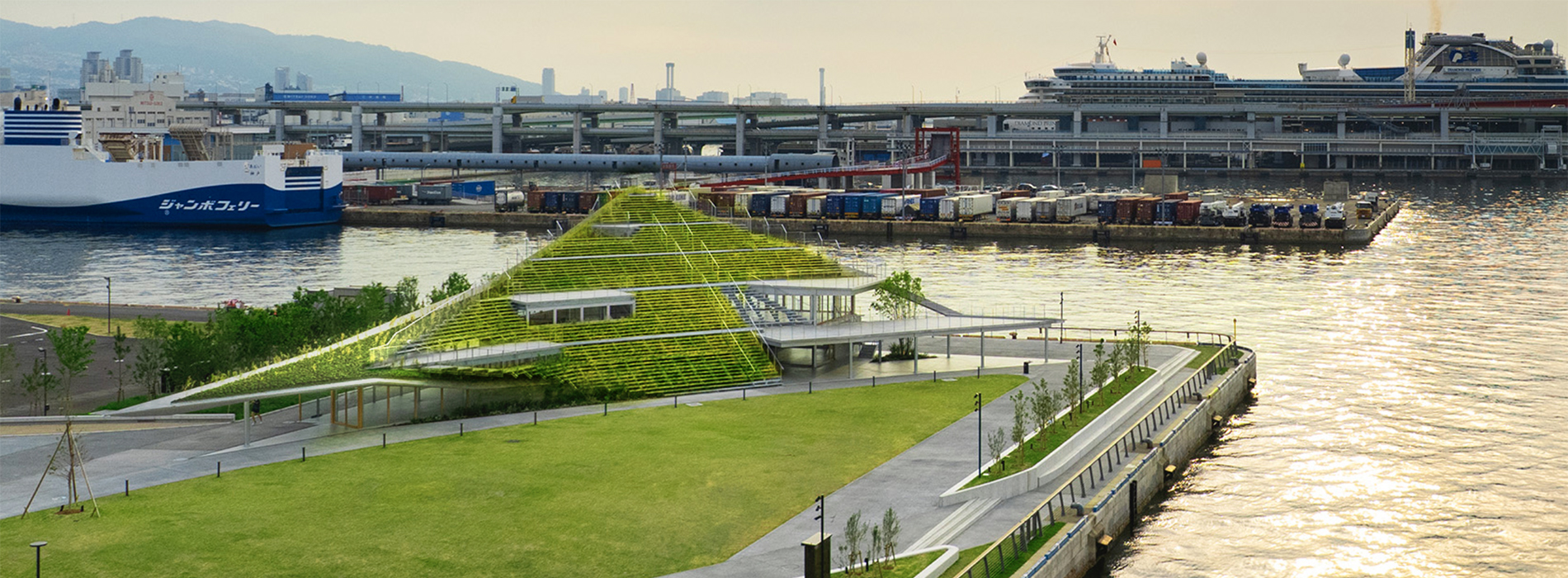 神戶港嶄新地標「TOTTEI PARK 綠之丘」:隆起外觀呼應將野餐墊掀起的意象,形塑水岸生活新據點