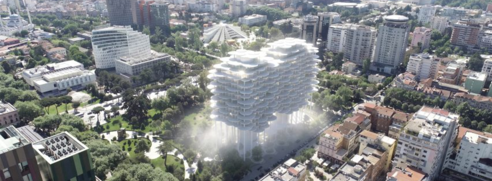 在公園上方，蓋一片會下雨的雲：BIG 新作以層疊白色圓盤、倒置噴泉打造城市新風景