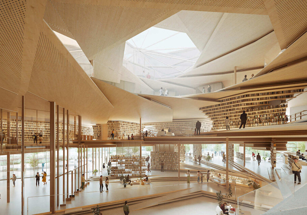 螺旋書香與綠意：隈研吾設計波蘭「熱舒夫圖書館」，打造可穿梭的木質公共空間